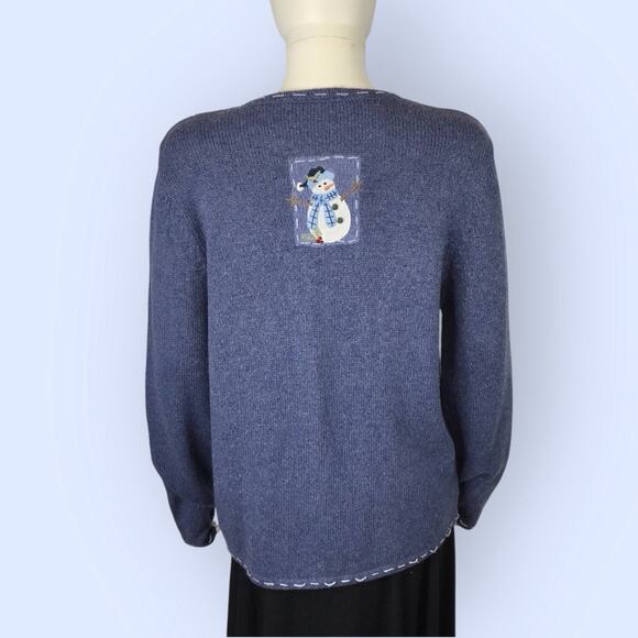 Croft & Barrow Blue Christmas Cardigan Patchwork Full Zip Sweater Snowman - Picture 9 of 11